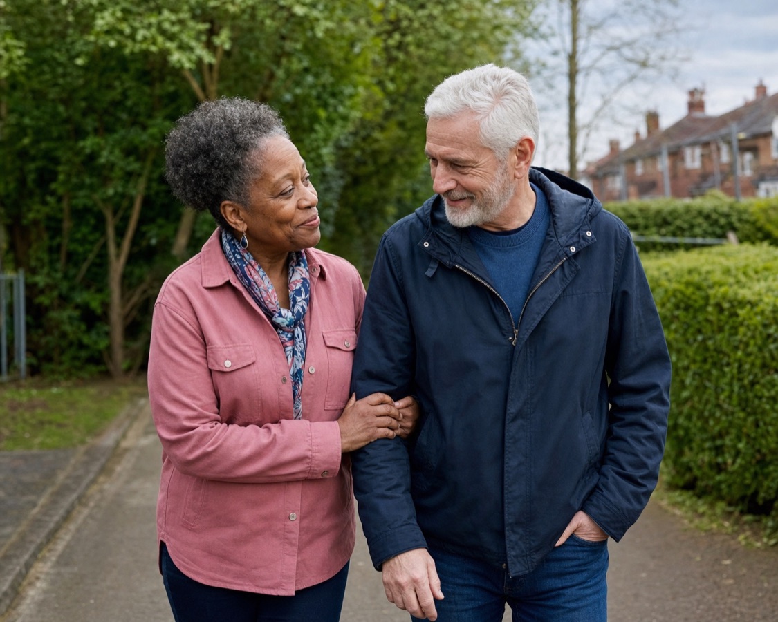 An older couple supporting one another on a walk